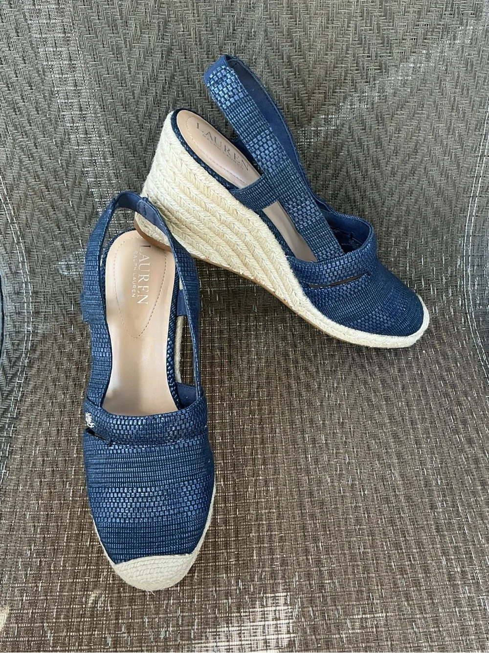 Lauren Ralph Lauren PENELOPE Navy Blue Woven Espadrille Wedge Slingback